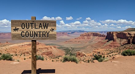 Outlaw Country Sign in Arid Desert Landscape with Canyons and Blue Sky.