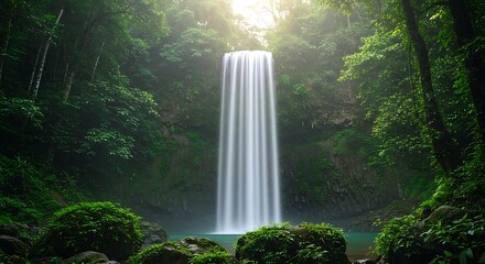 Majestic Waterfall Cascading Through Lush Green Forest.