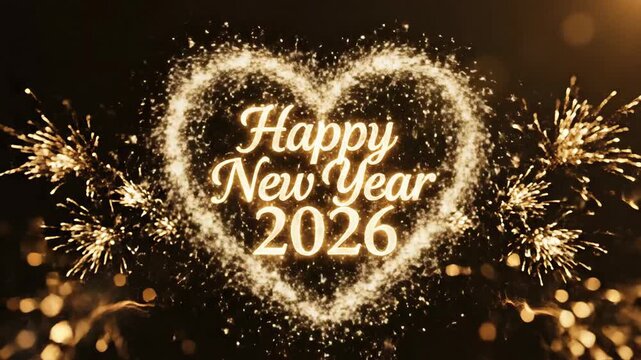 Animated fireworks display with happy new year 2026 text