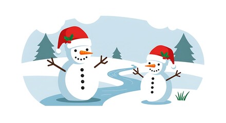 Two cheerful snowmen with Santa hats in a snowy winter landscape with trees and a frozen river.