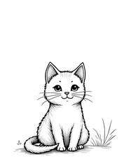 Obraz premium Adorable cartoon kitten sitting, black and white illustration on white background