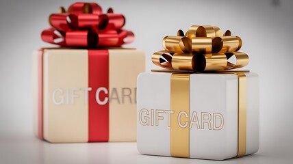 Two elegantly wrapped gift cards, one white and one beige, adorned with large festive bows for holiday or special occasion gifting
