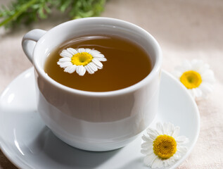 A cup of fresh chamomile tea. Aromatic healthy teas concept