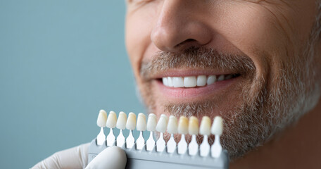 Close-up of smiling mature man with dental shade guide for teeth color matching in dental care setting
