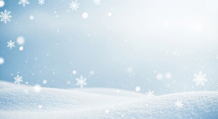Enchanting winter wonderland background featuring soft, falling snowflakes gracefully descending upon serene snowdrifts, perfect for festive designs, holiday greetings, and seasonal promotions