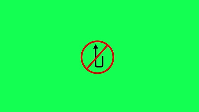 Traffic road no u turn sign isolated on green screen background. No u turn icon animation video..Animation Reflective Traffic Signs - No U-Turn