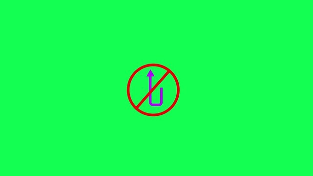 Traffic road no u turn sign isolated on green screen background. No u turn icon animation video..Animation Reflective Traffic Signs - No U-Turn