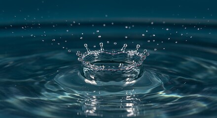 Water droplet impact creating a crown splash in clear liquid.
