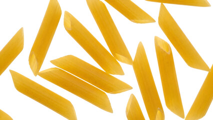 Close up of uncooked penne pasta against a dark black background