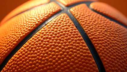 Close-up of a textured orange basketball with black seams and a shallow depth of field