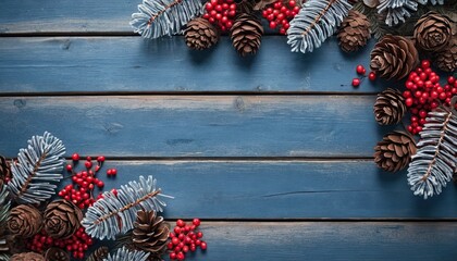 Festive winter holiday background with frosted pine branches, red berries, and pine cones on rustic blue wood, top view flat lay