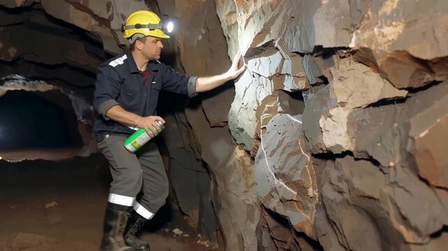 Geologist Inspecting Rock Formations in a Dark Cave with Headlamp and Spray Bottle.