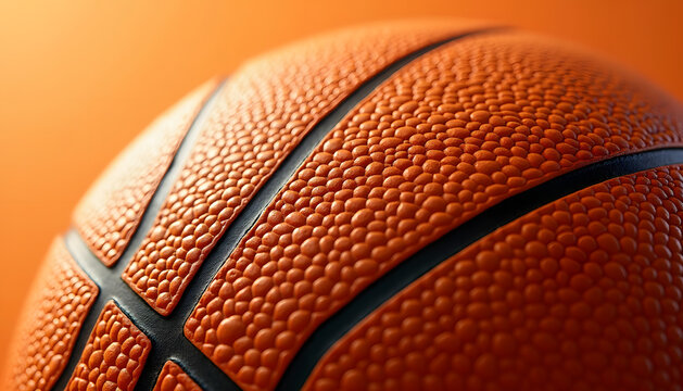 Close-up of a textured basketball with a vibrant orange background - Powered by Adobe