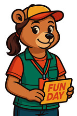 Naklejka premium Cheerful bear character promotes fun day event at community center with bright colors and friendly expression