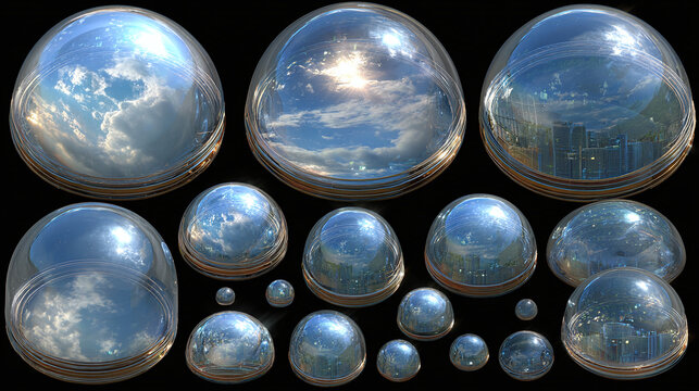 A collection of multiple bubbles reflect the sky