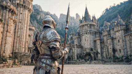 Armored knight in ornate silver armor holding spear stands before medieval castle with dramatic mountain backdrop and ancient ruins in cinematic fantasy scene