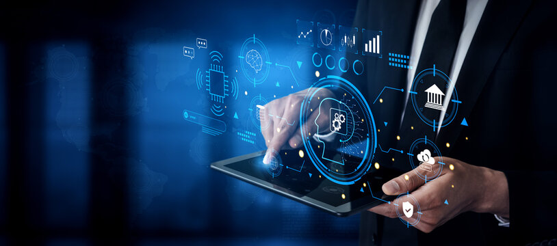 An advanced AI system for business and financial analysis. A futuristic interface for commanding an AI to process data from various domains. Motif - Powered by Adobe