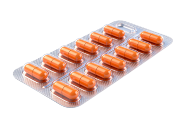 Blister pack containing orange colored capsules for medicinal use
