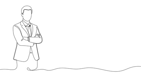 Man in a suit in one line art style. Business man with crossed arms drawing with editable black stroke on white background. Vector illustration.