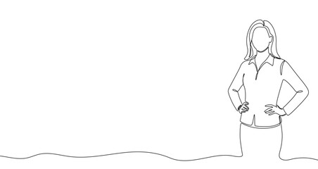 Woman in a shirt and skirt in one line art style. Business woman with hands on hips drawing with editable black stroke on white background. Vector illustration.