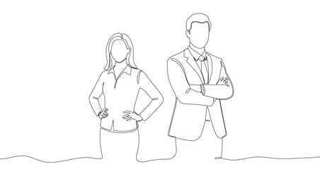 Continuous one line drawing of man and woman in business suits. Team or partners drawing with editable black stroke. Vector illustration.