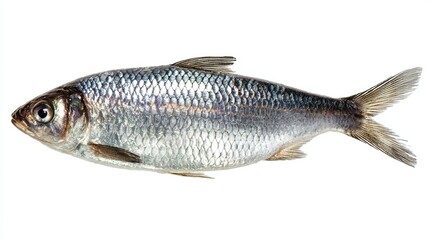 Fototapeta premium Whole silver fish with iridescent scales isolated on white background