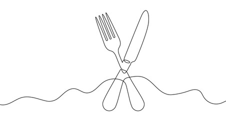 Crossed fork and knife in one line art style. Drawing with editable black stroke on white background. Vector illustration.