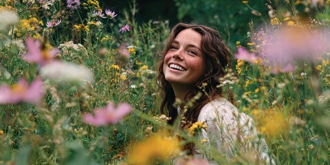 Blooming Meadow's Delight: A woman's joyful expression radiates amidst a vibrant tapestry of wildflowers, capturing a serene and happy moment in nature's embrace.