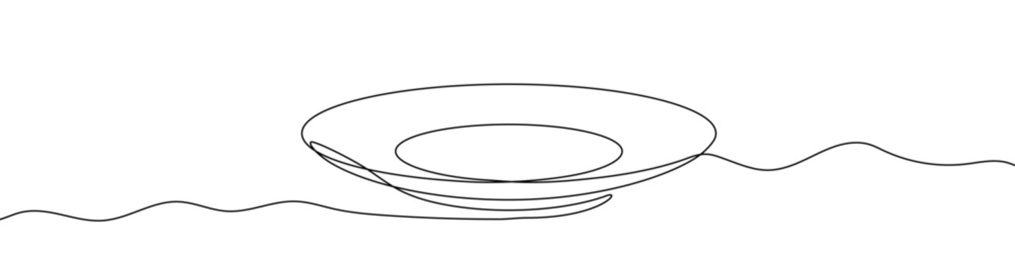 Dinner plate or saucer in one line art style. Dish drawing with editable black stroke on white background. Vector illustration.