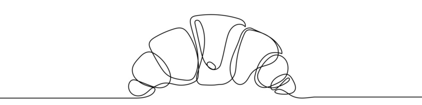 Classic croissant or pastry in one line art style. Croissant drawing with editable black stroke on white background. Vector illustration.