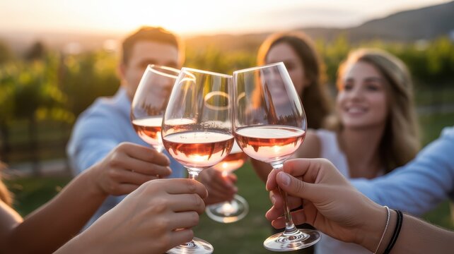 Friends toasting with rose wine glasses at sunset in vineyard image