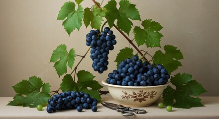 Still Life with Freshly Picked Dark Grapes and Green Leaves in a Rustic Setting.