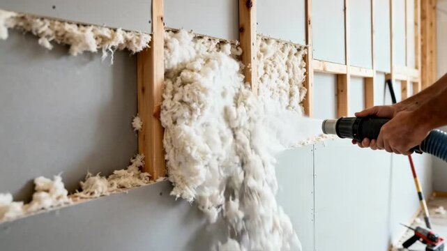 Medium shot of cellulose insulation being blown into wall spaces illustrating recycled paper material for environmentally responsible thermal barriers.