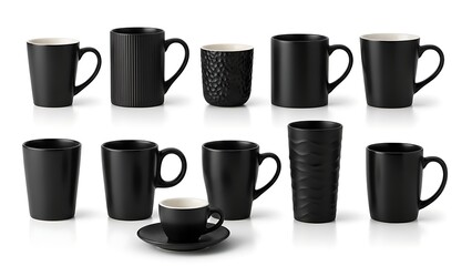 Collection of stylish black coffee mugs and cups on a white background