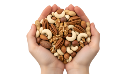 Wholesome Mixed Nuts in Cupped Hands – Healthy Snack, Plant-Based Protein & Energy Boost on white background