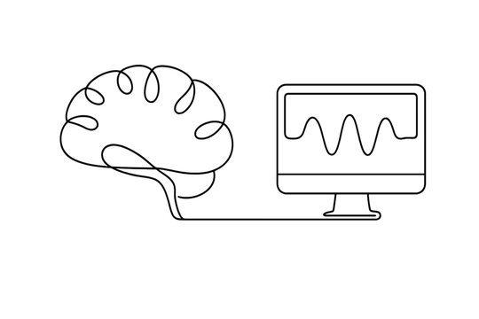 Brain-Computer Connection. Thought-to-digital translation. Minimalistic one-line drawing a brain connected to