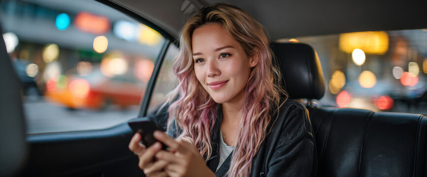 Young woman with pink hair sitting in a car backseat using smartphone with city lights blurred outside window at night - Powered by Adobe