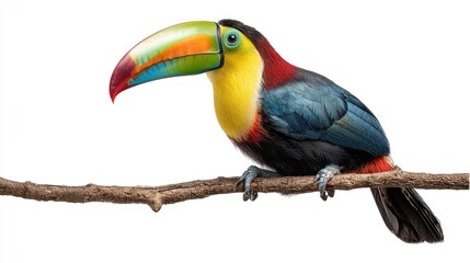 Fototapeta premium Colorful toucan bird with vibrant rainbow beak perched on wooden branch against white background. Tropical exotic wildlife portrait