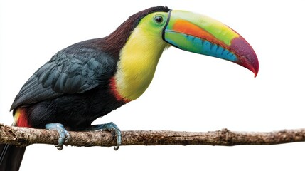 Naklejka premium Vibrant keel-billed toucan perched on branch against white background, showcasing multicolored beak with green, orange, blue and red gradient, isolated wildlife portrait