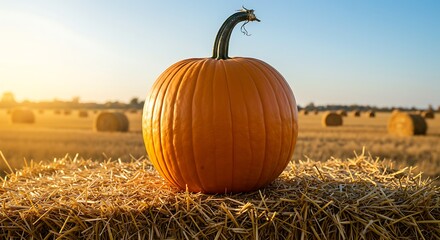 Pumpkin on Hay Bale - Autumn Harvest Scene in Golden Light.