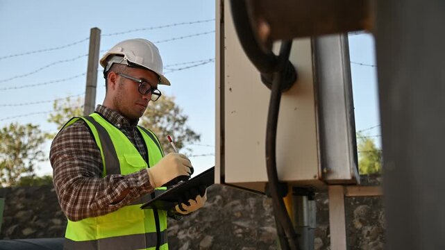 Professional electrical engineer working on control panel maintenance at outdoor industrial facility