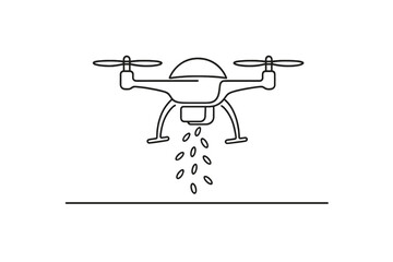 Seed Dispersal Drone. Seed dispersal drone. Minimalistic one-line drawing a flying drone releasing seeds from