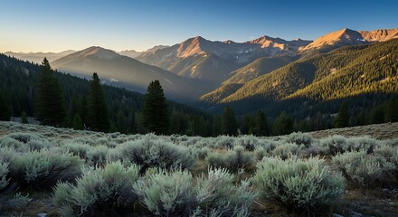 Sunrise Over Sagebrush Meadow and Mountain Range.