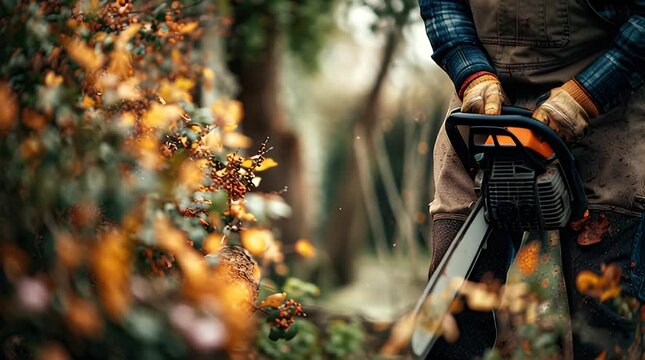 Person cutting branches with a chainsaw in autumn
