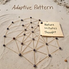 Abstract neural network pattern on sand with text and concepts