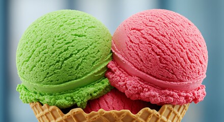 Two scoops of vibrant ice cream, one green and one pink, in a crispy waffle cone, a delightful summer treat.