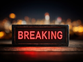 Bright red breaking news sign illuminated against a blurred urban background at night with glowing lights adding a dramatic effect and attracting attention to the message.