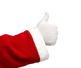 Santa Claus hand showing thumbs up isolated on transparent background, png file
