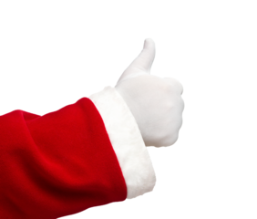 Santa Claus hand showing thumbs up isolated on transparent background, png file