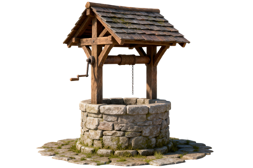 An old wooden well with a stone base and a thatched roof